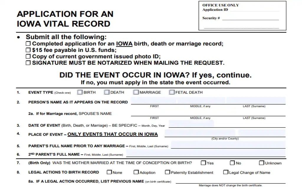 Free Iowa Marriage records application form through their vital records office. 
