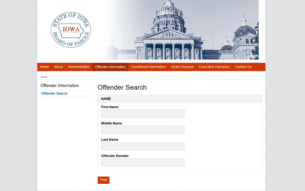A screenshot from the state of Iowa board of parole website's offender search page showing an empty search criteria.