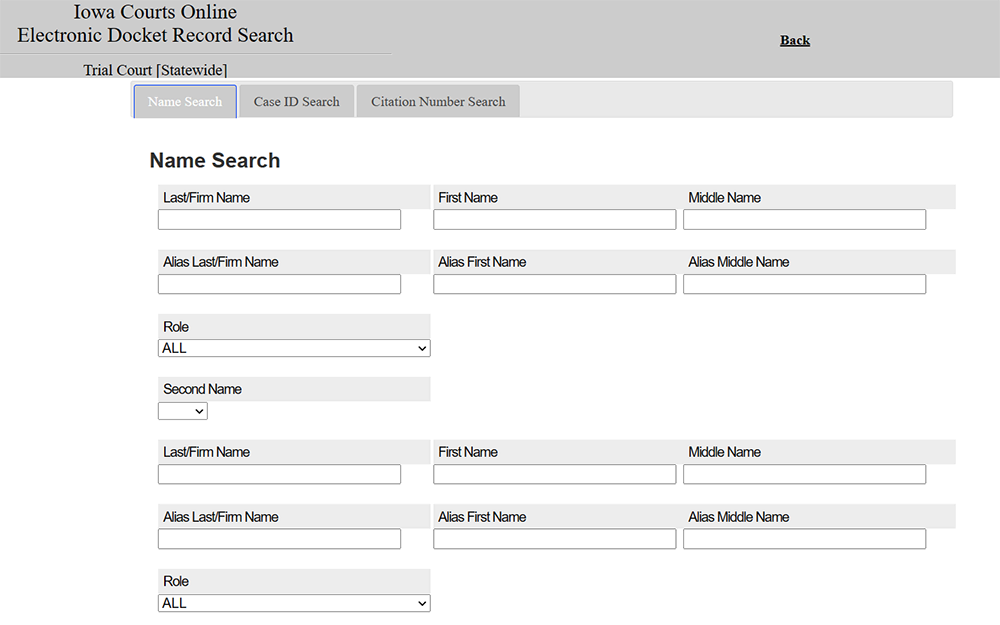 A screenshot from Iowa courts online electronic docket record search showing an empty name search form.