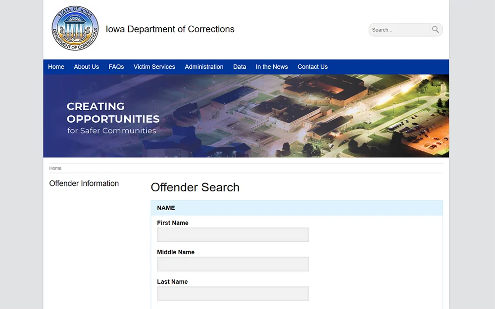 A screenshot from Iowa department of corrections website's offender search page showing an empty search criteria.