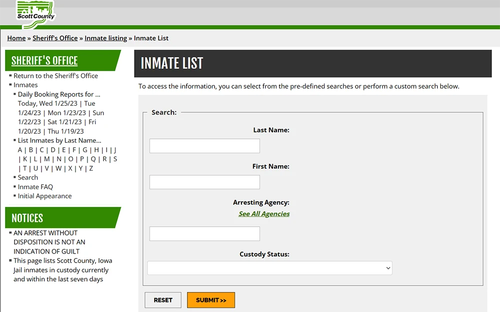 A screenshot from Scott county sheriff's office website's inmate list page showing an empty search criteria.
