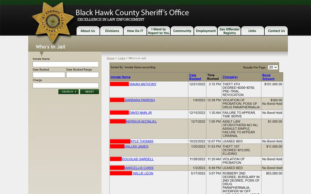 A screenshot from Black Hawk county sheriff's office website's who's in jail page showing an empty search criteria, and a table with inmate names with corresponding descriptions such as date booked, time booked, charges, and bond amount.