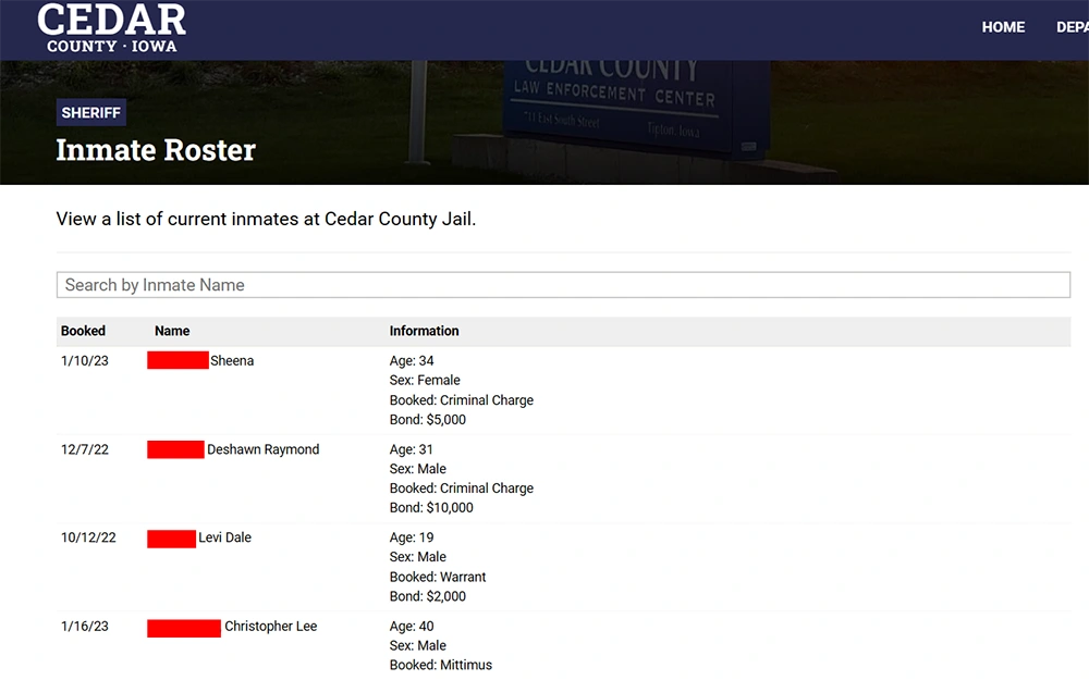 A screenshot from Cedar county sheriff's office website's inmate roster page showing a search by inmate name bar and a list of names below with corresponding information such as age, sex, booked, and bond.