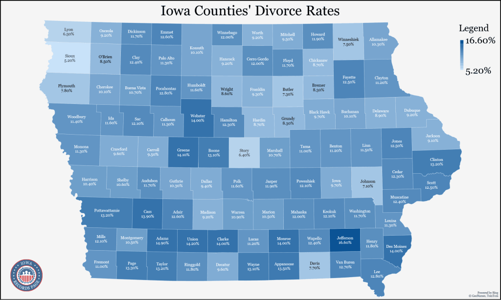 An outline of the map of the State of Iowa with its Counties shows each County's divorce population rates (5-year estimates in 2021) based on the Census Bureau that ranges from 5.20%-16.60%.