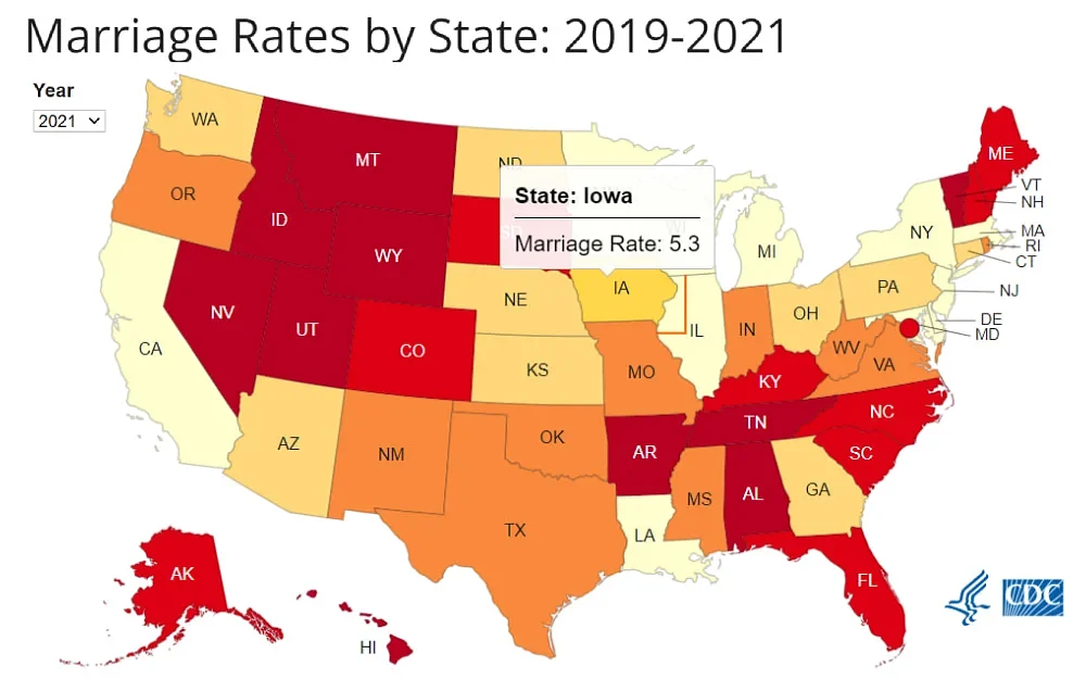 A screenshot of an information map visualizing marriage rates by state from year 2019-2021 form on provisional counts per 1,000 total population residing area from the Centers for Disease Control and Prevention, National Center for Health Statistics website.