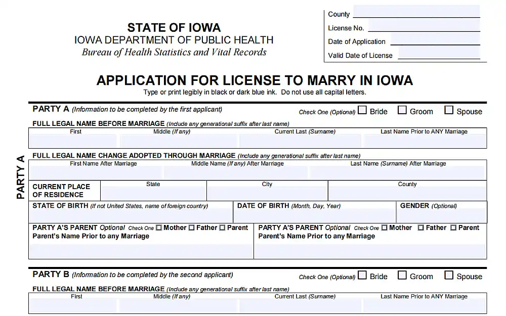A screenshot from the Iowa Department of Public Health, Bureau of Health Statistics and Vital Records website of the printable application form for license to marry in Iowa form, which requires filling out for some information such as the parties' complete name, address, date and place of birth, gender, and parents' names.