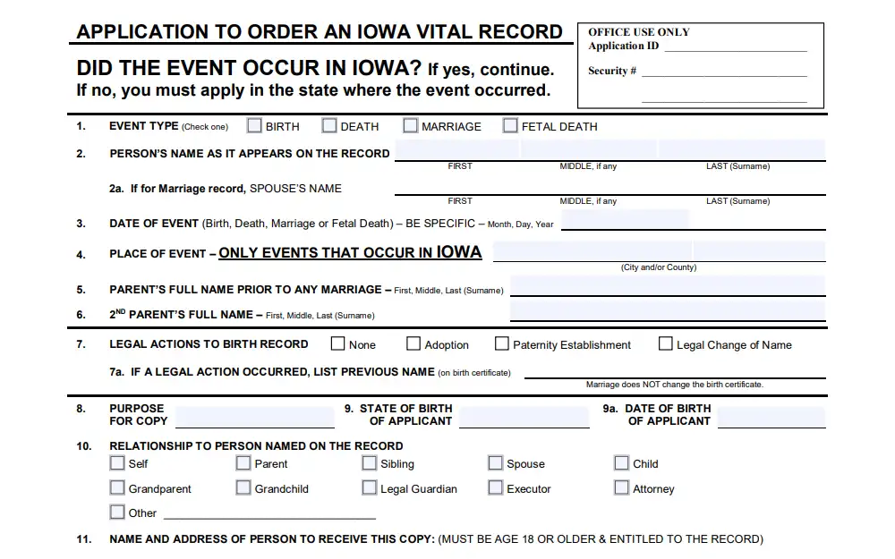 A screenshot of an application to order Iowa vital record form that requires to fill out the full name, date and place of event, parents full name, purpose, date and state of birth from the Iowa Department of Health and Human Services, Bureau of Health Statistics website.