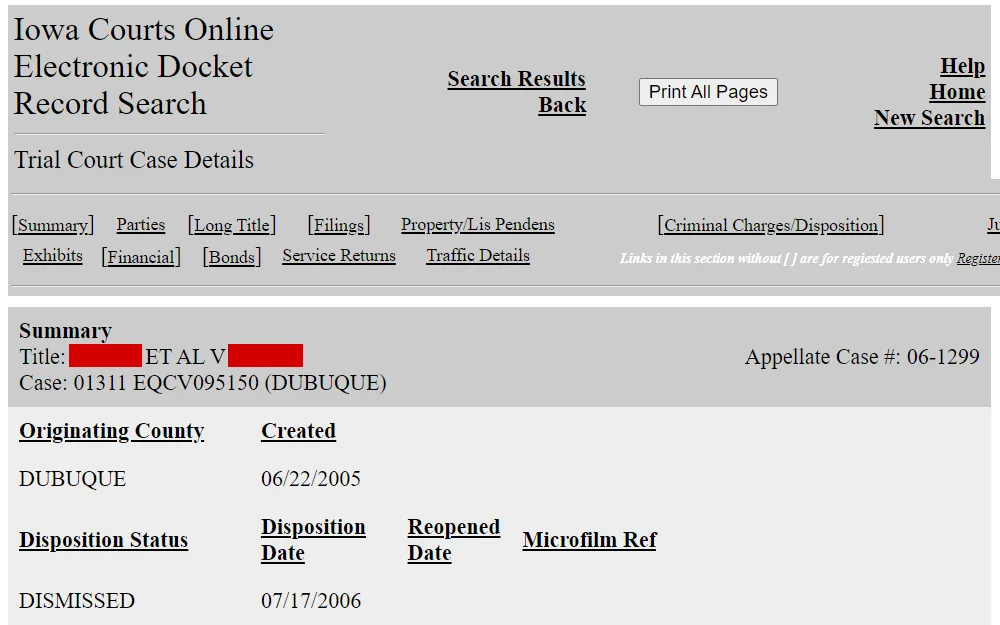 A screenshot of the case details from Iowa Courts Online Electronic Docket Search displays title (party names), case number, originating county, and disposition status, with a print option available.