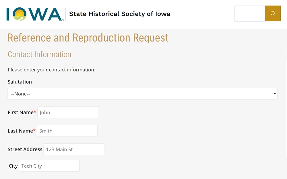A screenshot of a contact information of the reference and reproduction request that requires entering information such as salutation, first name, last name, street address, city, state, postal/ZIP code, country and other reference and reproduction questions.