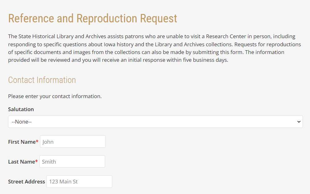 A screenshot of the State Historical Library and Archive's reference and reproduction request displays the required information, such as the requester's full name and address.