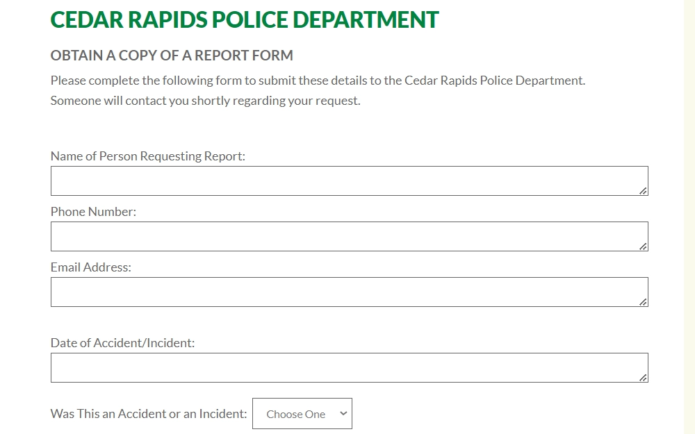 Screenshot of the online request form for report copies with fields for requestor's information, date of accident or incident, and a drop down menu for either events.
