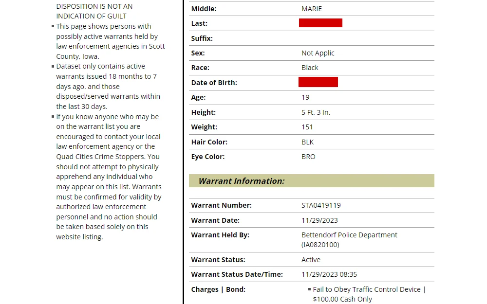 Screenshot of a fugitive and warrant information of an individual showing fugitive's name, description, the warrant number, date, handler, statues, statues date and time, charges, and bonds.