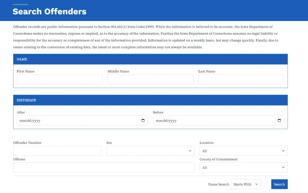A screenshot of a search tool for offenders that can be search by first, middle, and last name, birthdate, offender number, offense, location and county of commitment.