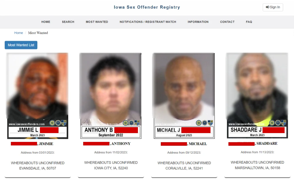 A screenshot of most wanted list from Iowa Sex Offender Registry displaying full name, address, mugshot preview and some details regarding their whereabouts.