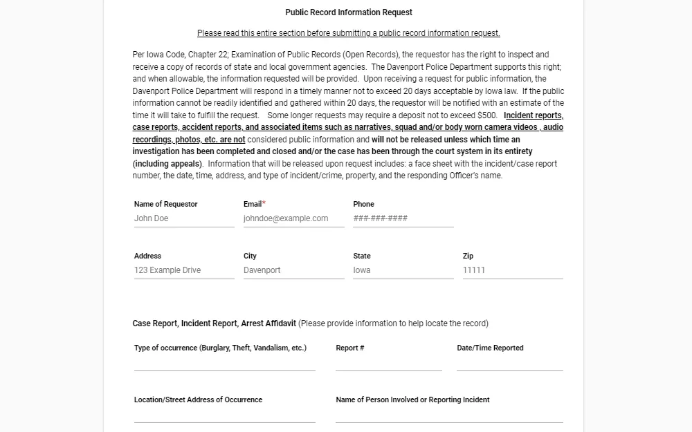 Screenshot of the online request form for public record displaying fields for requestor's information and address, as well as a text explaining the record information request.