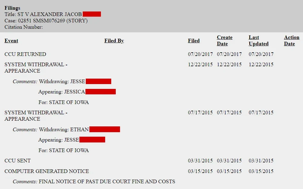 Screenshot of the filing information of an individual displaying the name, case number, events, and the filing, creation, last update, and action dates.