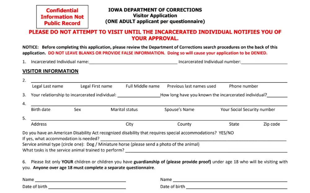 A screenshot of Iowa Department of Corrections visitor application that requires filling out some information such as legal last, first, middle and previous last name, birth date, sex, marital status, address and other details.