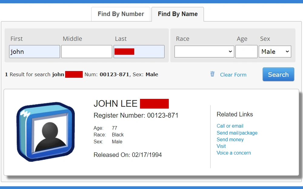 A screenshot of inmate information from the Bureau of Prisons displaying the inmate register number, name, sex, race, age, release date, some relevant supplementary links, and a cartoon-like icon of a person's silhouette inside a blue and white cube.