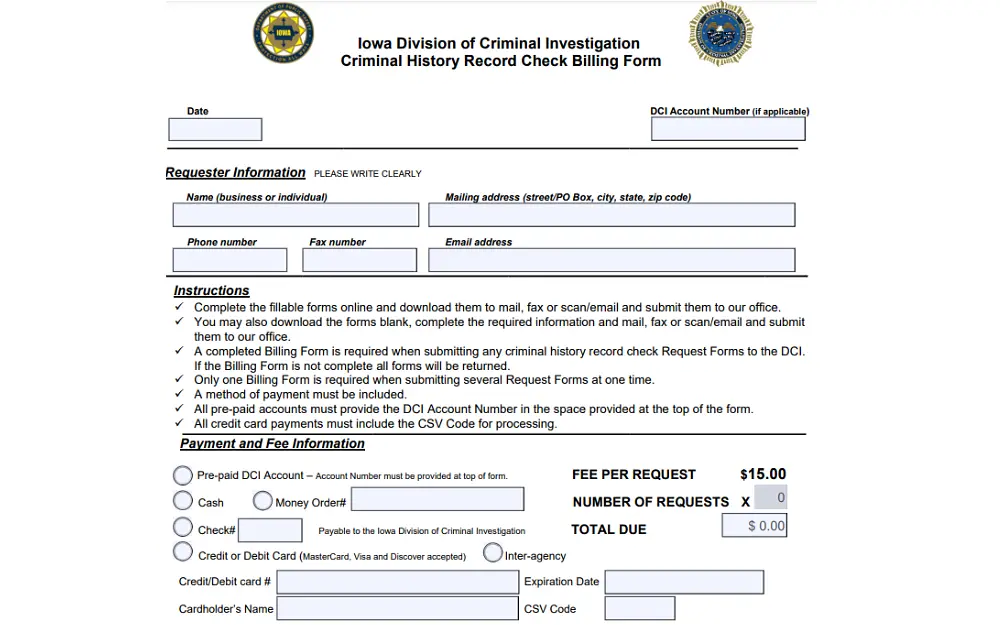 A screenshot shows a criminal history record check billing form with details to be filled in, such as the date, DCI account number, name of business or individual, mailing address, phone and fax number, email address, and others.
