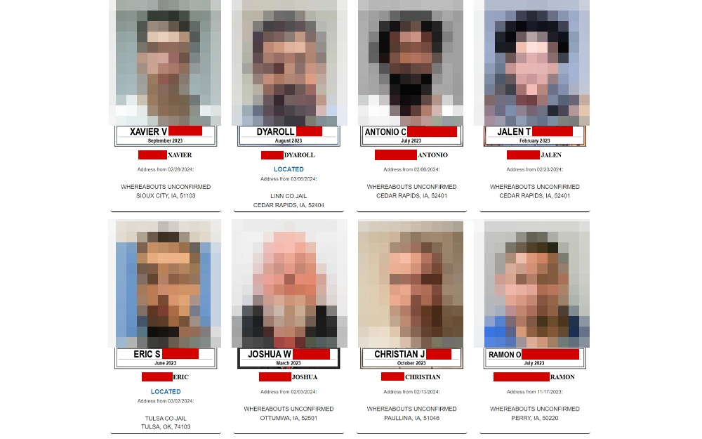 A screenshot showing the most wanted sex offenders in Iowa, with a mugshot photo, full name, and whereabouts details from the Iowa Sex Offender Registry website.